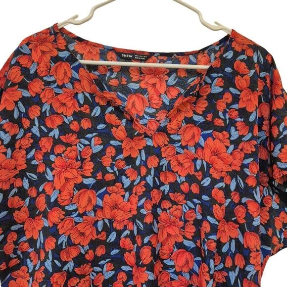 Shein Women's Red & Blue Poly Floral Dolman Sleeve Top - Picture 6 of 10